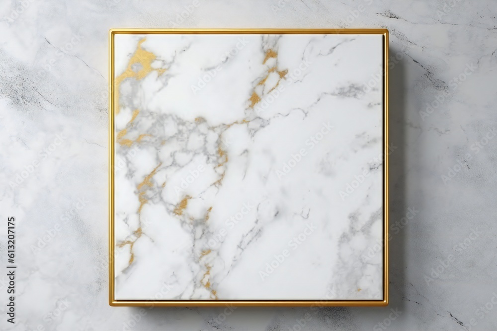 Fototapeta premium White and gold marble slab frame on marble texture Generative AI