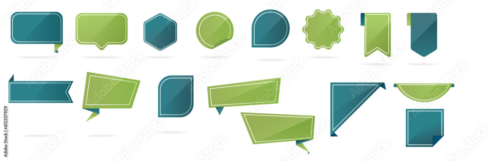 Collection de pastilles, stickers, étiquettes, médailles, macarons, labels - Support pour promotions et soldes - Illustrations vectorielles colorées simples, avec contours et effets