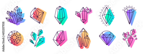 Crystal gemstones. Hand drawn colorful gems, line art crystals flat vector illustration set