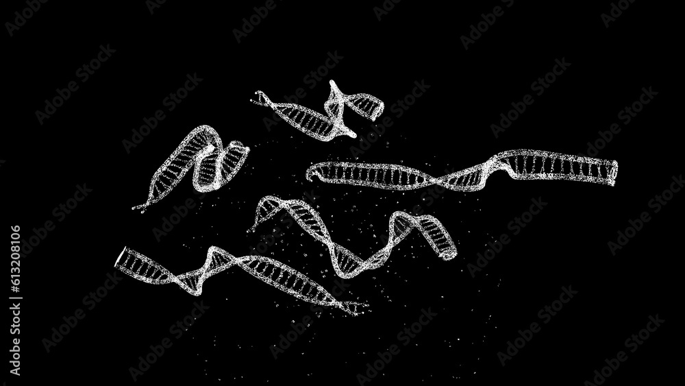 3D DNA on black bg. Object dissolved flickering particles. Scientific medical concept. For title, text, presentation. 3d animation.