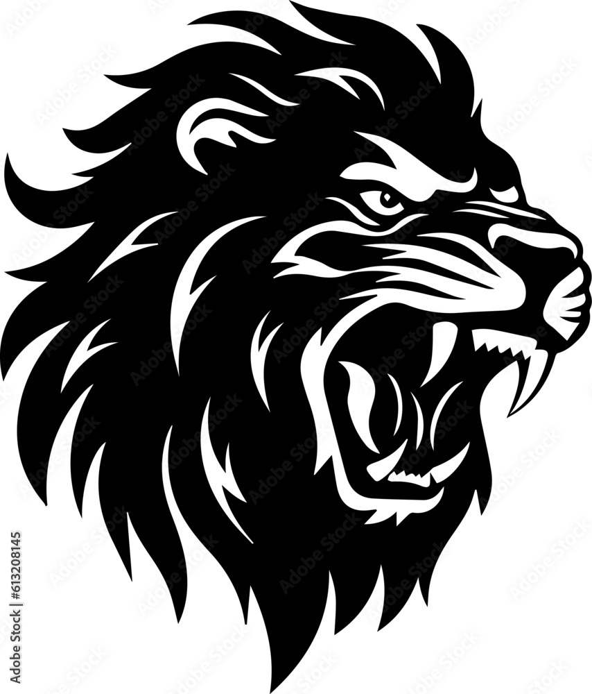 Black and white illustration of roaring lion. Black and white illustration of roaring lion.