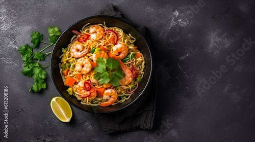 Noodles with vegetables and shrimps in black iron pan, generative AI.