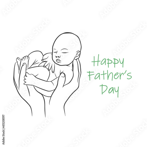 Fathers hands holding baby, minimalist card, happy fathers day on white background