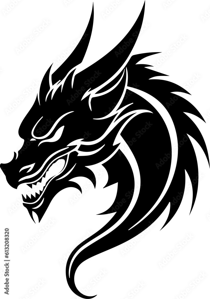 Black and white illustration of dragon head.