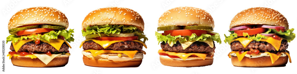 A selection of 4 delicious cheesburgers with lettuce, tomato, onion and cheese, isolated (Generative AI, Generativ, KI) A selection of 4 delicious cheesburgers with lettuce, tomato, onion and cheese, isolated (Generative AI, Generativ, KI)