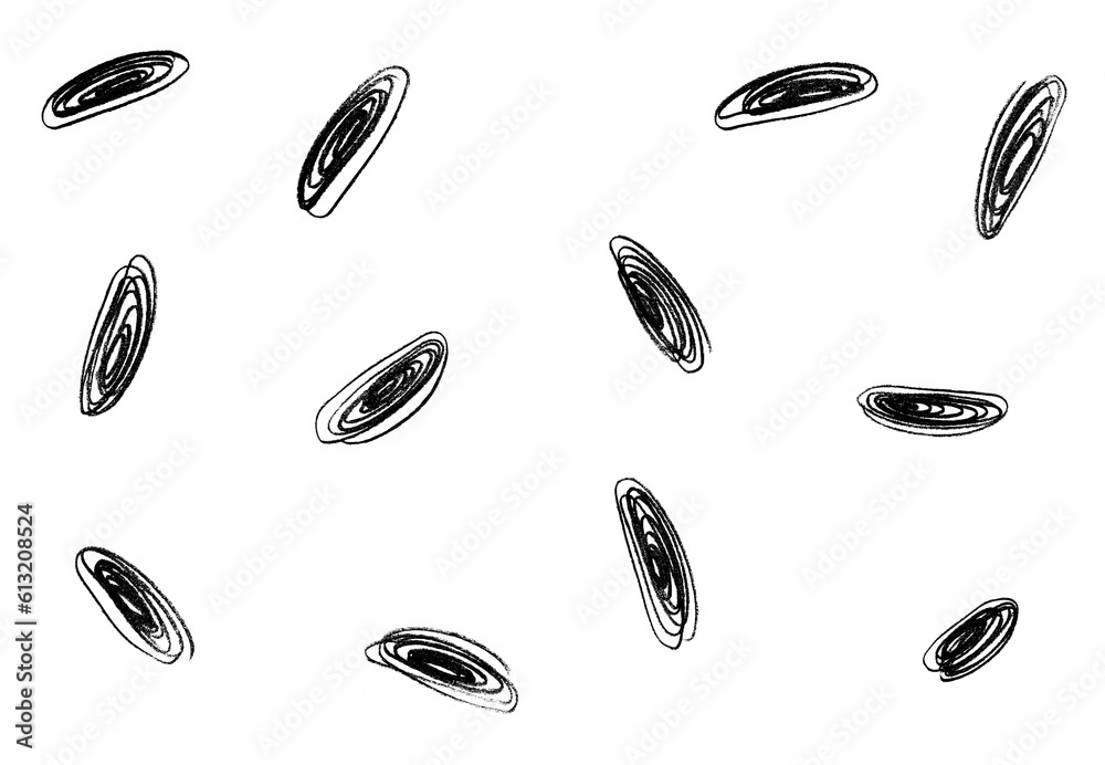 Black spiral abstract figures on a white background