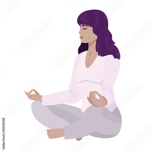 A beautiful happy female is meditating. The woman sits in the lotus position. Yoga classes, meditation practice. Vector illustration, isolated on white background.