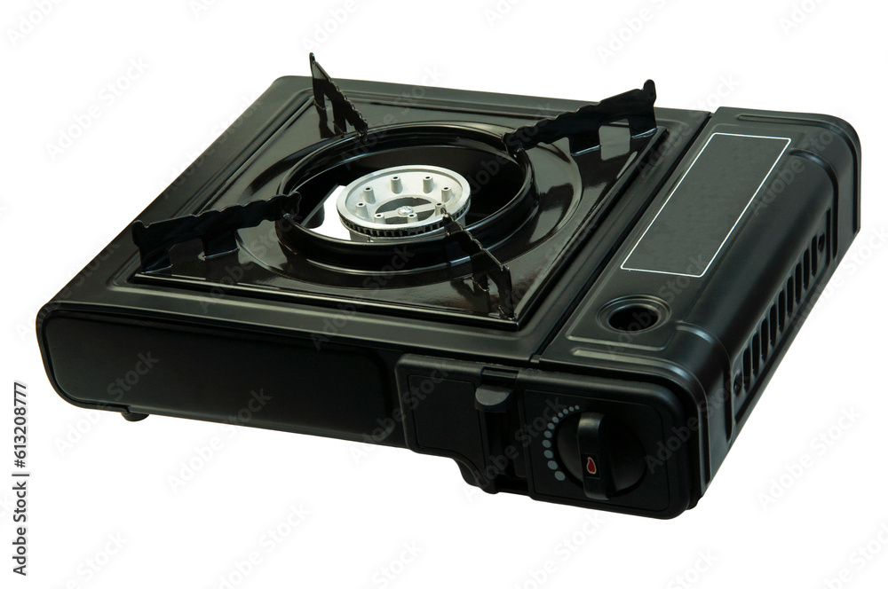 autonomous black gas stove on a white background. alternative food preparation concept. portable stove for hiking autonomous black gas stove on a white background. alternative food preparation concept. portable stove for hiking