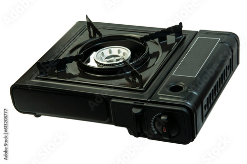 autonomous black gas stove on a white background. alternative food preparation concept. portable stove for hiking