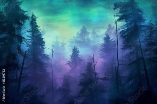 Abstract gradient art style  a mysterious forest at twilight with a mystical mood. AI generative