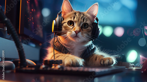 Playful gamer cat: funny feline in headphones. Created using generative AI tools photo