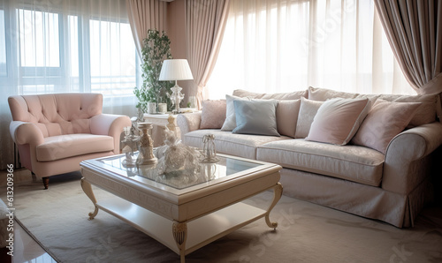 Bright 1990s-style living room in white tones. Created using generative AI tools
