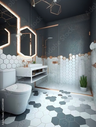 Print op canvas Modern Small bathroom with hexagonal tiles