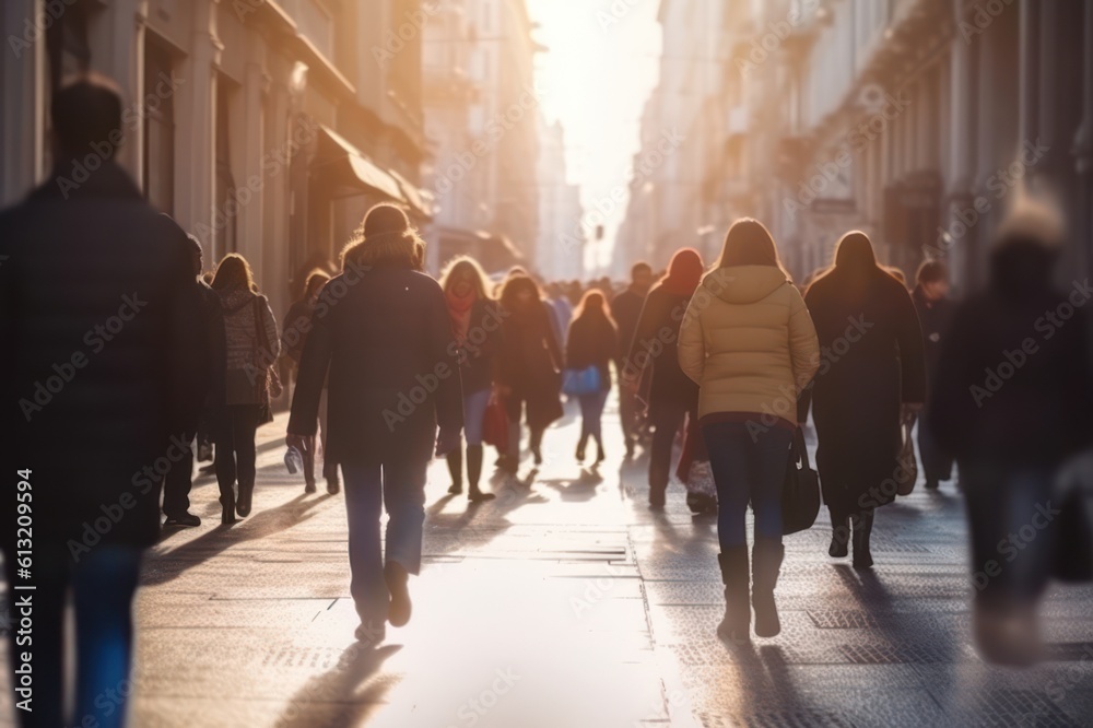Crowd of people walking on the street in the City, Generative AI Crowd of people walking on the street in the City, Generative AI