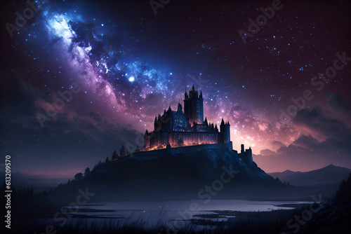 Castle at night and up the sky is a beautiful galaxy. Generative AI	