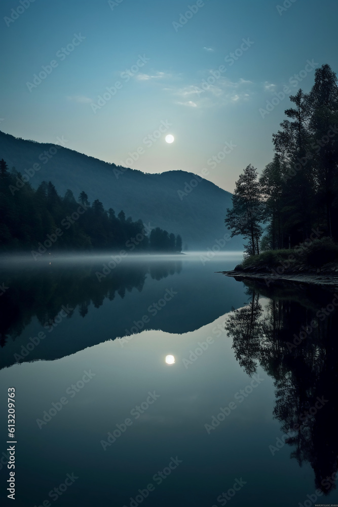 Photo of lake with moon reflection. AI generative