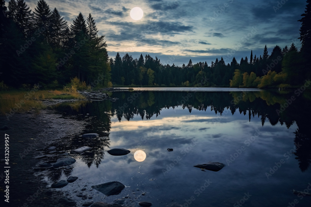 Fototapeta premium Photo of lake with moon reflection. AI generative