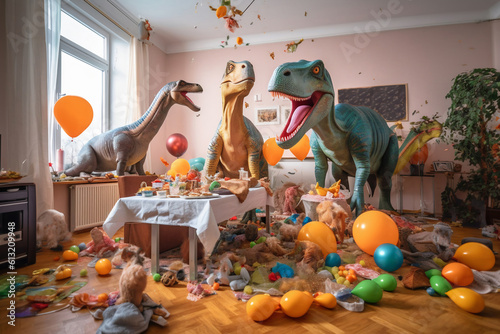 Messy room after wild house party, three dinosaurs stylish friends in colorful living room after celebrating new years eve. Abstract scene with animals. Generative AI. Illustration. photo