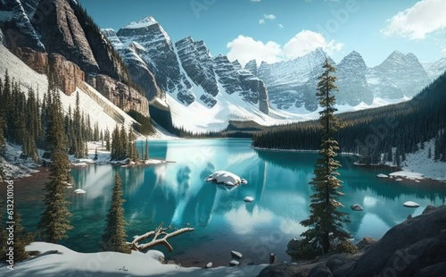 waters of the Moraine Lake with snow-covered peaks  Rocky Mountains