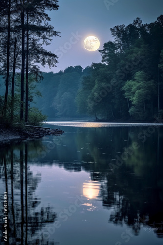 Photo of lake with moon reflection. AI generative