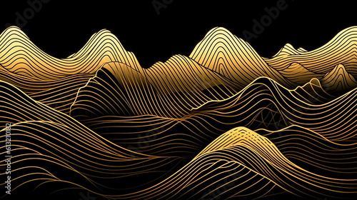 Abstract black background with golden lines, generative AI.