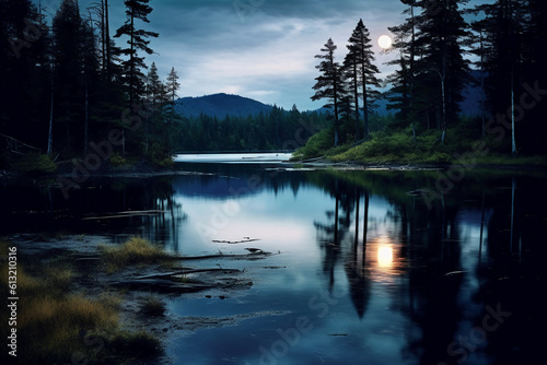 Photo of lake with moon reflection. AI generative © SANGHYUN