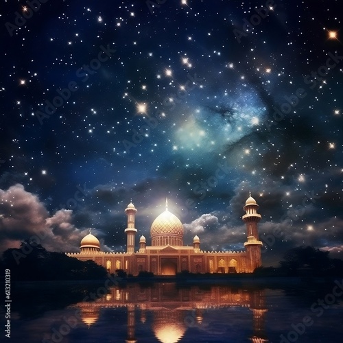 Beautiful night with mosque view, islamic image to celebrate eid mubarak