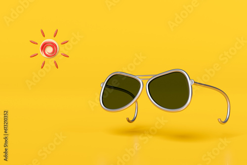 Sunglasses with sun isolated on orange background. 3d illustration render
