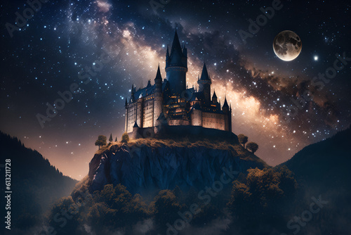 Castle at night and up the sky is a beautiful sky with stars and a moon