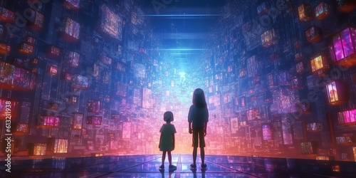 Digital cyber world kid and daughter portrait created using metaverse technology. Technology in schooling and virtual reality. Imaginative sci-fi setting; future way of living. Generative Ai.