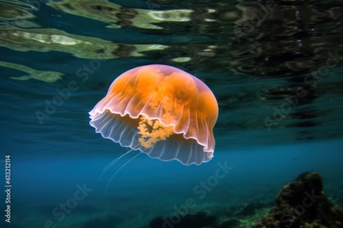 Beautiful jellyfish floating in the blue water of the Ocean, Generative AI