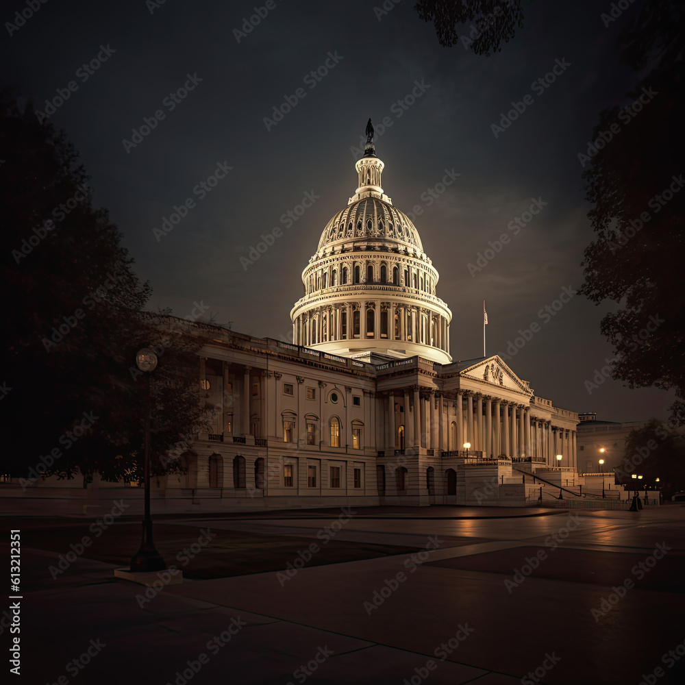 U.S. Capitol Building, Washington, DC USA at night. Generative AI.