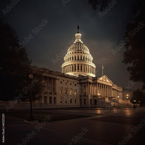 U.S. Capitol Building, Washington, DC USA at night. Generative AI.