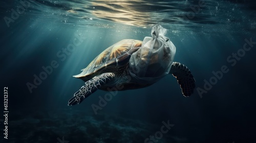 Sea turtle swimming underwater in the ocean with Plastic Bag. Concept of environmental conservation, Generative AI