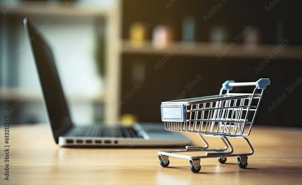 Shopping Cart Model and Laptop on Blurred Home Background. Online Business and E-Commerce Concept