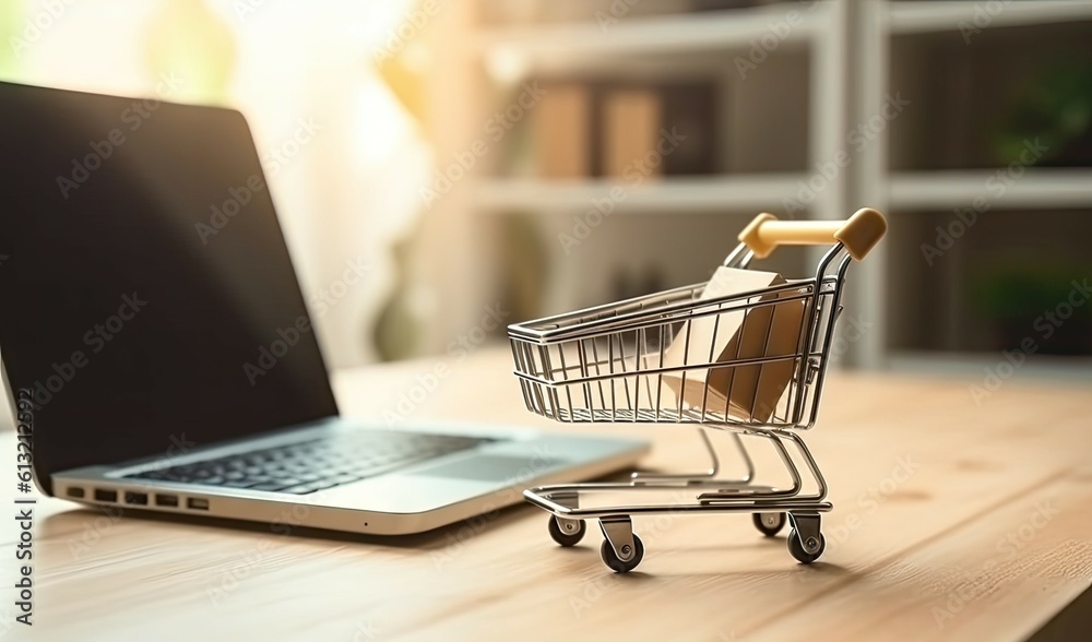 Shopping Cart Model and Laptop on Blurred Home Background. Online Business and E-Commerce Concept Shopping Cart Model and Laptop on Blurred Home Background. Online Business and E-Commerce Concept