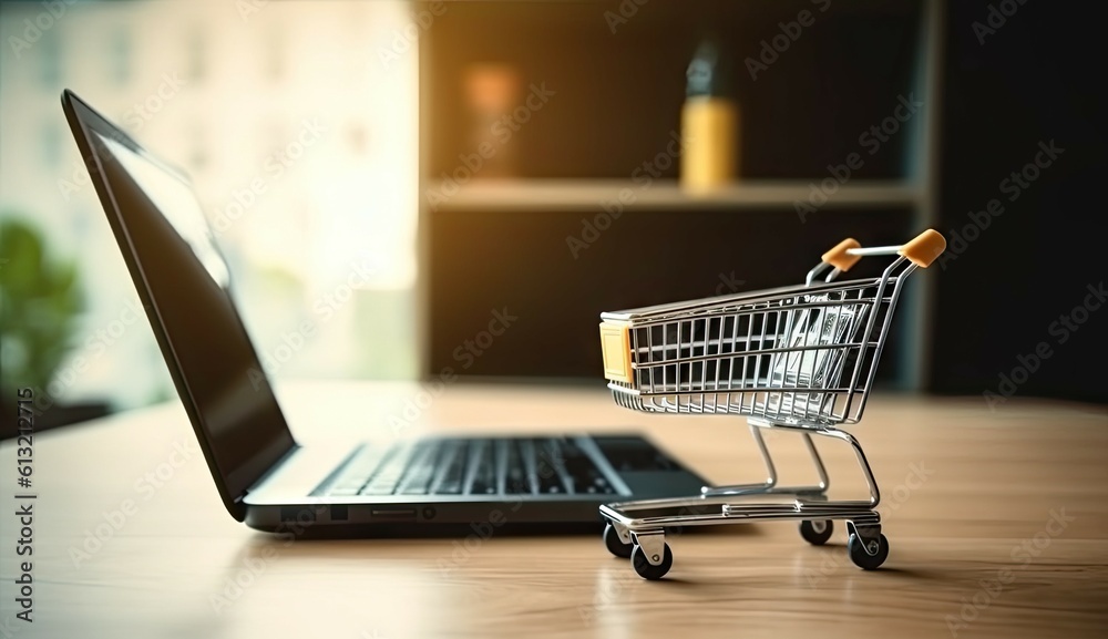 Shopping Cart Model and Laptop on Blurred Home Background. Online Business and E-Commerce Concept Shopping Cart Model and Laptop on Blurred Home Background. Online Business and E-Commerce Concept