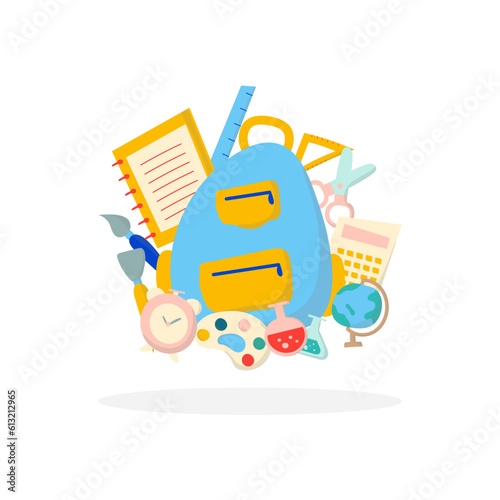 Back to school concept. Schoolbag or backpack with a ruler, scissors, paintbrush, color plate, an earth globe, calculator, chemistry, and alarm clock isolated on white background. Flat design.....