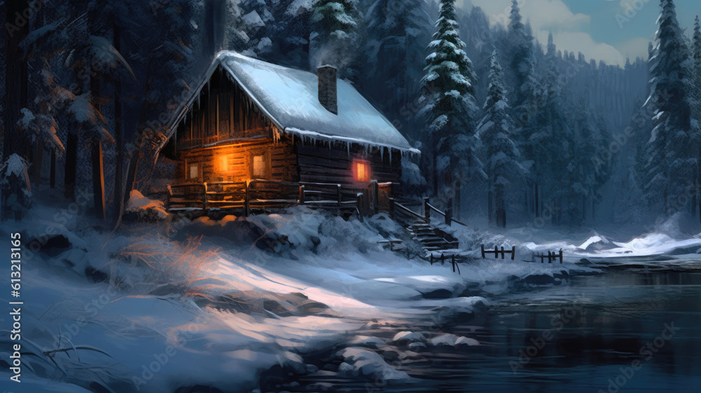 Winter's Embrace: A Captivating Cabin in the Snow. Generative AI