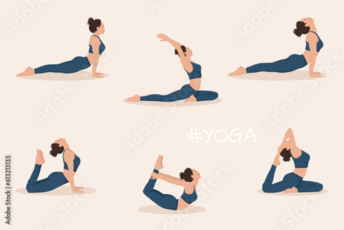 A set of a young woman performing 6 physical exercises and demonstrating yoga asanas stretching on light background. Flat vector illustration.