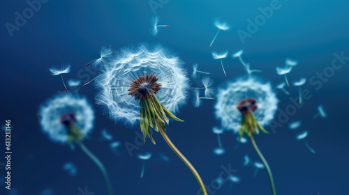 Dandelion seeds blowing on blue background. Generative AI