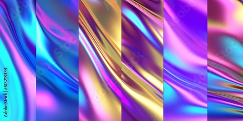 Pack of iridescent foil textures on a holographic background. Generative Ai.