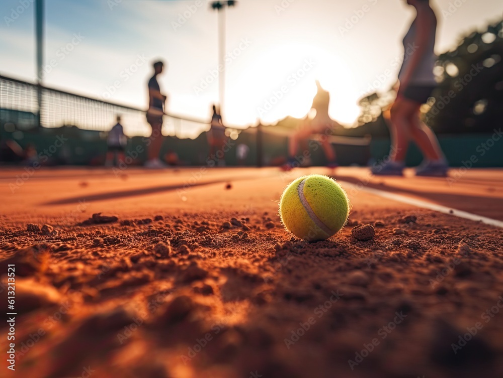 Tennis ball on the tennis court in the evening. Blur people play tennis. created with Generative AI