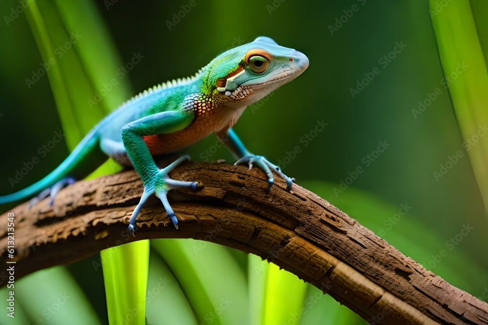 green lizard on a branch, looking around, tropical, close to grass. Generative AI green lizard on a branch, looking around, tropical, close to grass. Generative AI