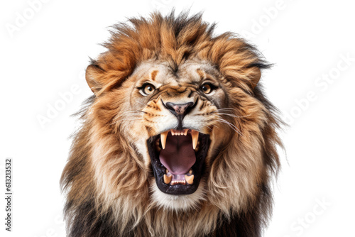Photo Portrait of a roaring lion with an aggressive look, isolated (Generative AI, Gen