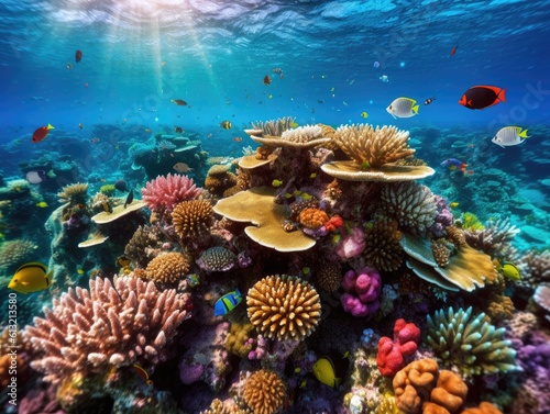 Colorful and beautiful underwater world with corals and tropical fish. created with Generative AI
