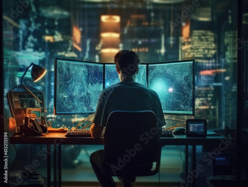 Back view of one programmer sitting at desk and working on computer monitors in modern night office. created with Generative AI
