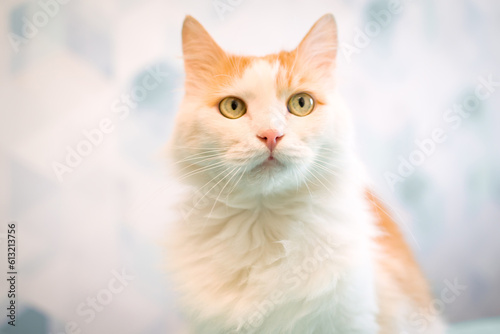 A white cat with red spots looks at the camera. Pretty adult domestic cat at home The serious look of the cat.