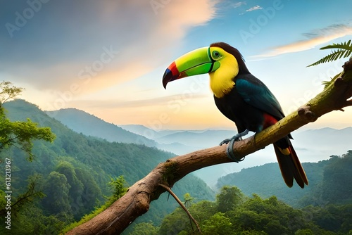 toucan on a branch with dark cloudy sky photo