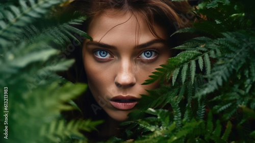Nature's Reflection: A Woman Peering Through the Foliage. Generative AI